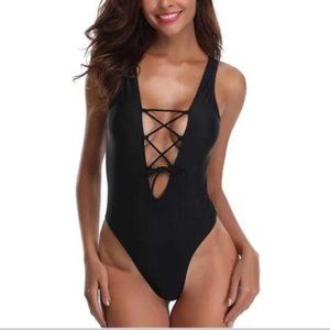 deep plunge lace up one piece